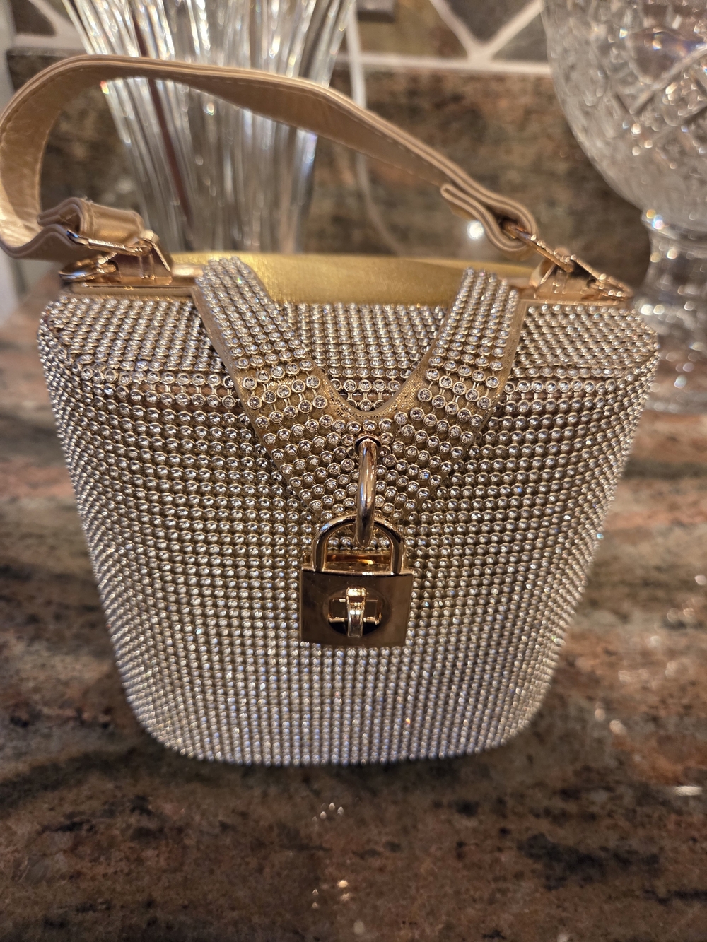 Crystal-Embellished Gold Top-Handle Evening Bag